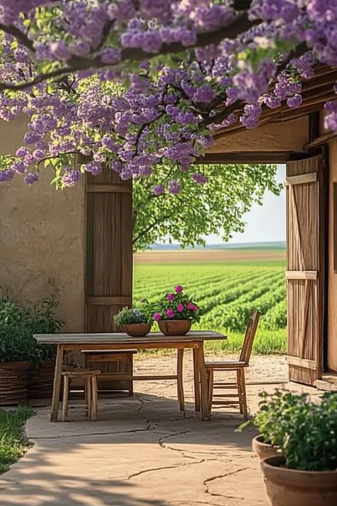 A rustic patio scene unfolds, featuring a wooden table and chairs beneath a blossoming purple tree.  The tranquil setting overlooks a vibrant green field, visible through an open barn door.  Potted plants add pops of color, creating a serene and idyllic outdoor space.  The natural light enhances the warmth and beauty of the rural landscape.