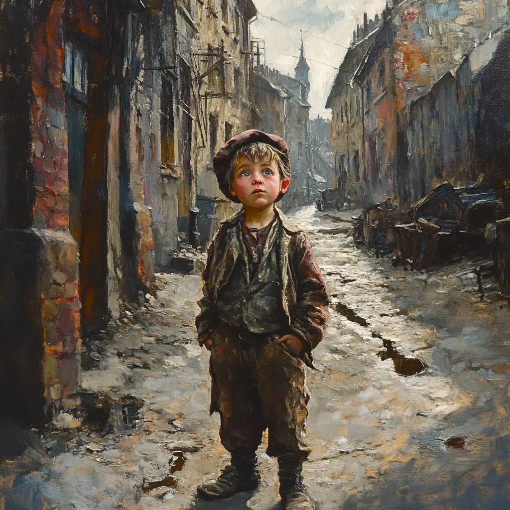 A young boy, wearing a worn cap and patched clothing, stands pensively in a narrow, dilapidated alleyway. The alley is lined with aged, crumbling buildings, suggesting poverty and neglect.  His gaze is directed upward, conveying a sense of hope or longing amidst the grim surroundings. The overall mood is melancholic yet subtly hopeful.  The painting's textured style enhances the gritty realism.