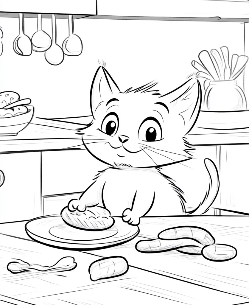 A cute cartoon kitten sits at a kitchen table, attentively placing a patty on a plate.  Scattered on the table are several small, sausage-like items, suggesting a meal.  The kitchen background includes utensils hanging on the wall, adding to the charming domestic scene. The style is simple line art, suitable for coloring.