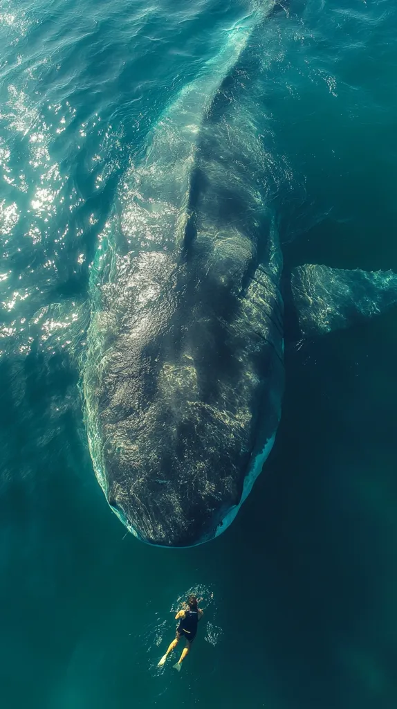 An aerial shot captures a breathtaking perspective of a colossal whale in the vast ocean.  The whale's immense size is emphasized by a lone snorkeler, dwarfed in comparison, swimming peacefully below. The turquoise water shimmers with sunlight, creating a dramatic contrast against the whale's dark form.  The image powerfully conveys the scale and beauty of marine life.