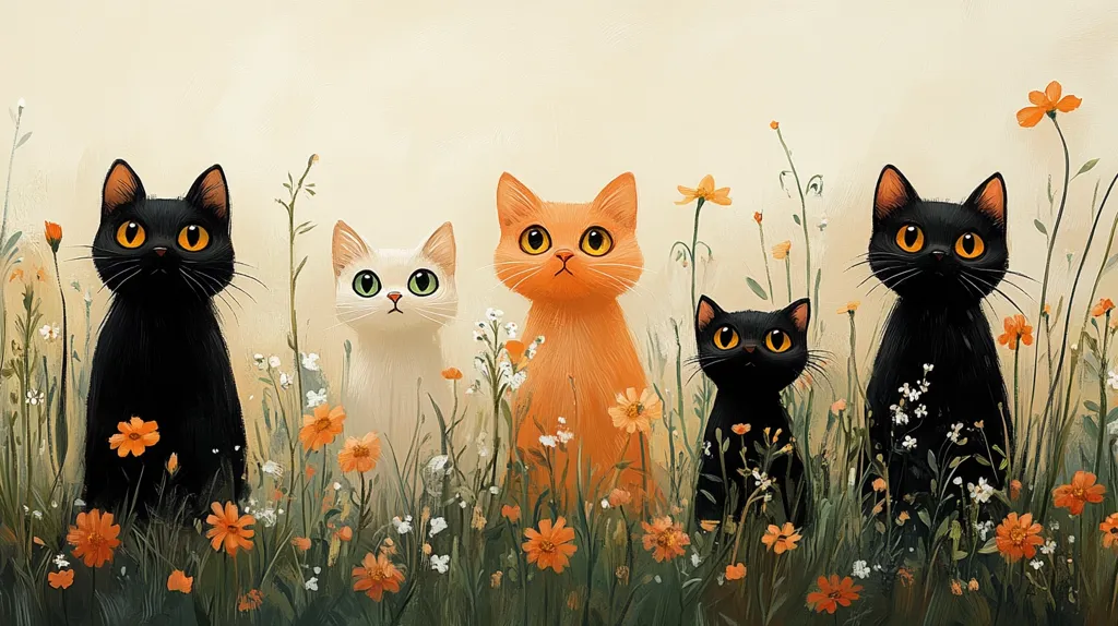 Five stylized cats sit amidst a field of wildflowers.  Two are black with large, expressive orange eyes, one is orange, one is white, and a smaller black cat sits between the orange and larger black cat.  The cats' large eyes and soft, painterly style create a whimsical and charming scene.  The background is a soft, muted beige.