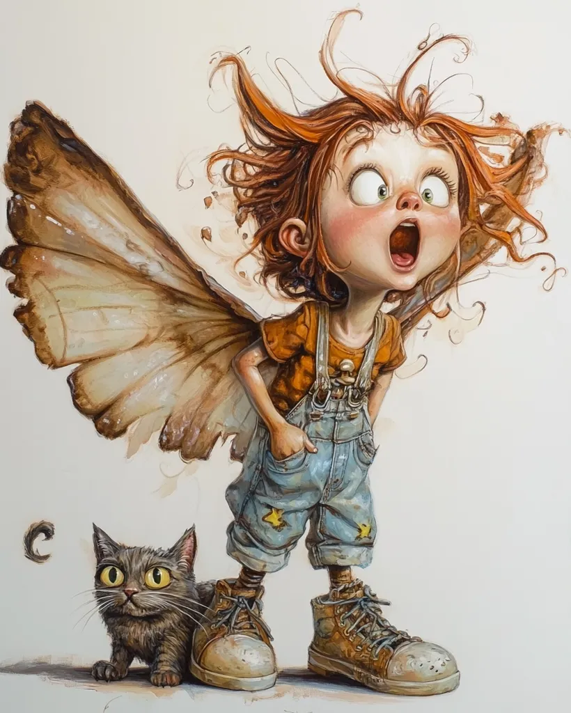 A whimsical illustration depicts a wide-eyed, red-haired fairy girl with large, moth-like wings.  Her mouth is agape in surprise or excitement.  She's dressed in overalls and sturdy boots, hands in pockets. A small, grey kitten with bright yellow eyes sits calmly at her feet, observing the scene. The style is expressive and imaginative, blending realism with fantastical elements. The overall tone is playful and charming.