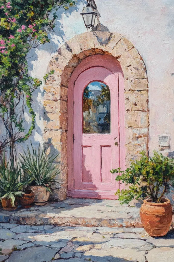 A sun-drenched painting depicts a charming pink door set within a stone archway.  The door, with a glass paneled top, reflects the surrounding landscape.  Potted plants flank the steps leading to the door, and flowering vines climb the adjacent wall, casting dappled shadows.  The scene exudes a Mediterranean atmosphere of warmth and tranquility.