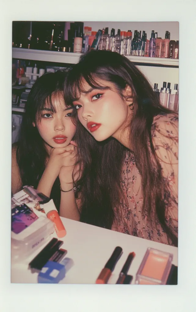 Two young women with long dark hair pose closely together, their makeup meticulously applied.  They are seated at a table scattered with cosmetics, creating a visually appealing scene with a vintage, slightly filtered aesthetic. The background features shelves stocked with various beauty products, enhancing the overall theme of beauty and friendship.  Their expressions are soft and engaging, creating a friendly and intimate mood.