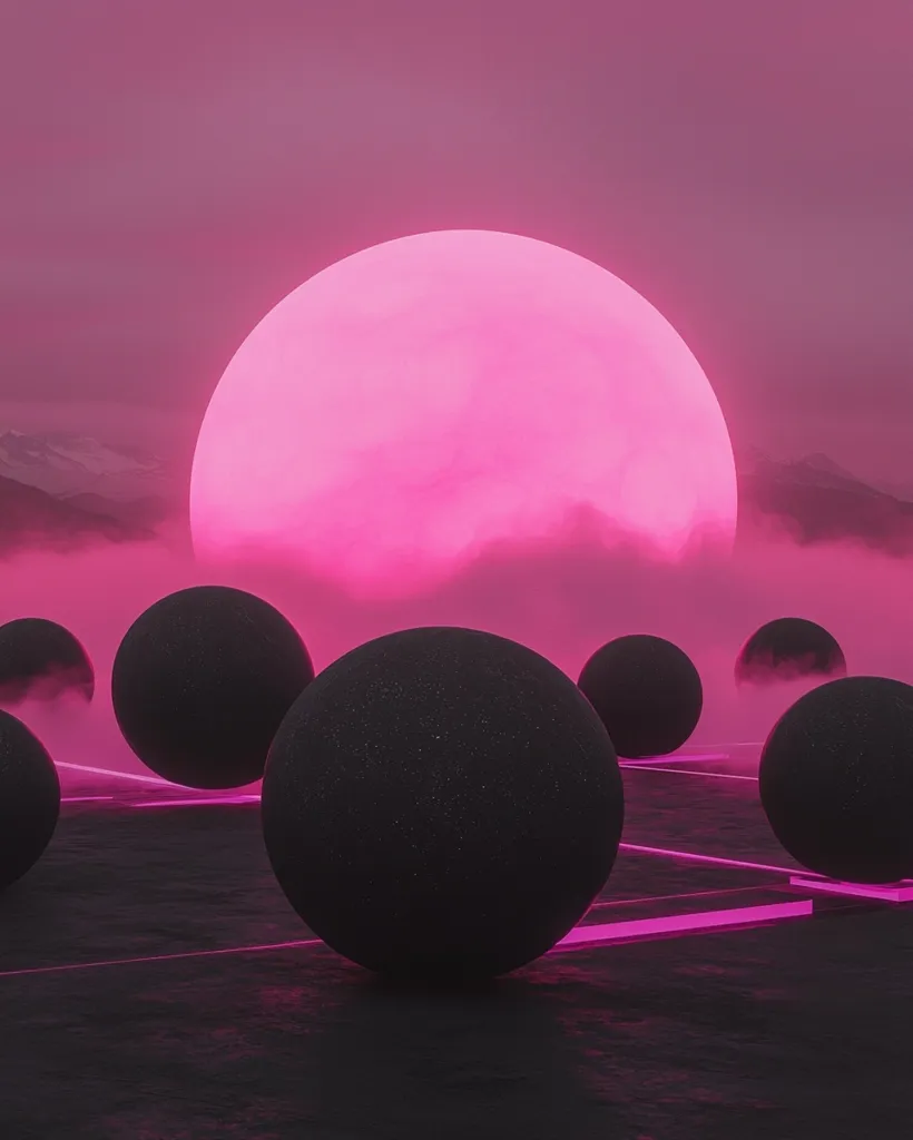 A digital artwork depicts a surreal landscape bathed in vibrant pink light.  A large, glowing pink sun dominates the sky above a misty, mountainous horizon.  Several dark, matte spheres are scattered across a reflective surface, intersected by glowing pink lines, creating a futuristic, almost ethereal atmosphere. The contrast between the dark spheres and the bright pink sky is striking.