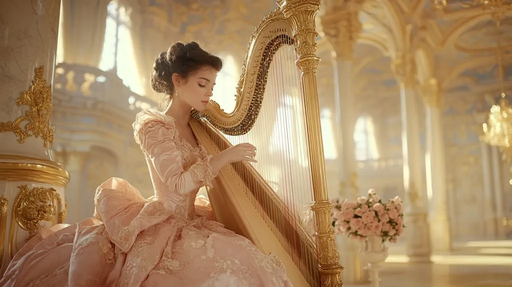 A young woman in a beautiful, flowing pink gown sits in a grand, ornate ballroom, playing a golden harp.  Sunlight streams through the high windows, illuminating the opulent setting and the delicate lace of her dress.  A bouquet of pale pink roses sits nearby, adding to the romantic and elegant atmosphere. The scene evokes a sense of timeless beauty and grace.