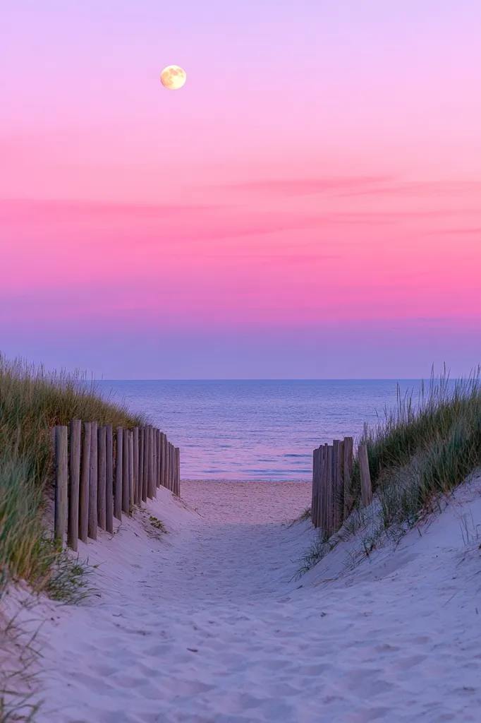 A serene beach scene unfolds at sunset, painted in soft pink and purple hues. A sandy pathway, bordered by wooden posts and dune grasses, leads to a tranquil ocean.  A full moon hangs high in the pastel sky, adding a magical touch to the idyllic landscape.  The peaceful atmosphere evokes a sense of calm and tranquility.