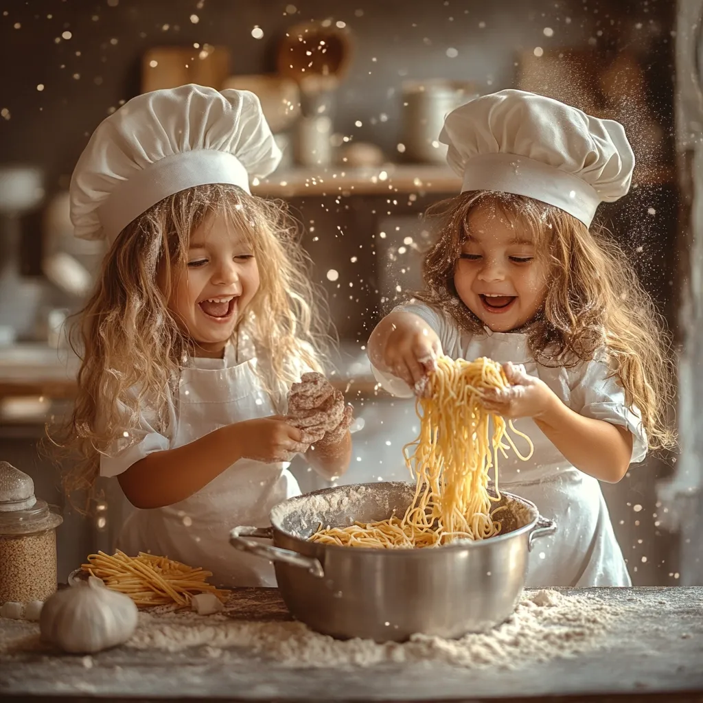 Two adorable twin girls, dressed in chef hats and aprons, joyfully toss spaghetti into a large pot.  Flour dusts the air as they playfully engage in the cooking process, creating a charming and messy scene in a rustic kitchen.  Their expressions are filled with delight and laughter, capturing a moment of pure childhood fun.