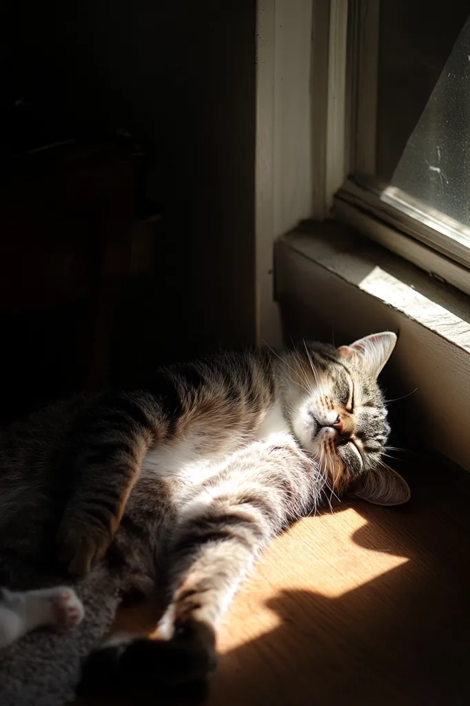 A tabby cat naps peacefully on a sunlit wooden floor near a window.  Its eyes are closed, and its body is relaxed, sprawled out in a comfortable position.  The sunlight casts a warm glow on the cat's fur, creating a tranquil and cozy scene.  A sliver of another small white paw is visible near its front leg. The overall tone is serene and peaceful.
