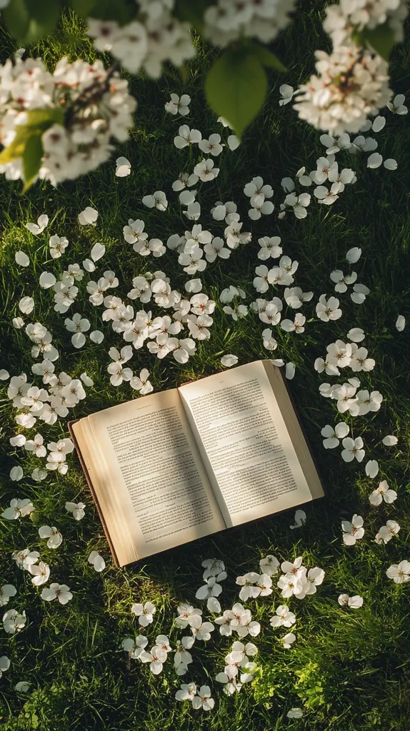 An open book rests on a lush green lawn scattered with fallen white blossoms.  Sunlight filters through the leaves of a flowering tree overhead, casting dappled shadows on the pages. The scene evokes a sense of peaceful springtime reading amidst nature's beauty.  Petals surround the book, creating a serene and idyllic setting.