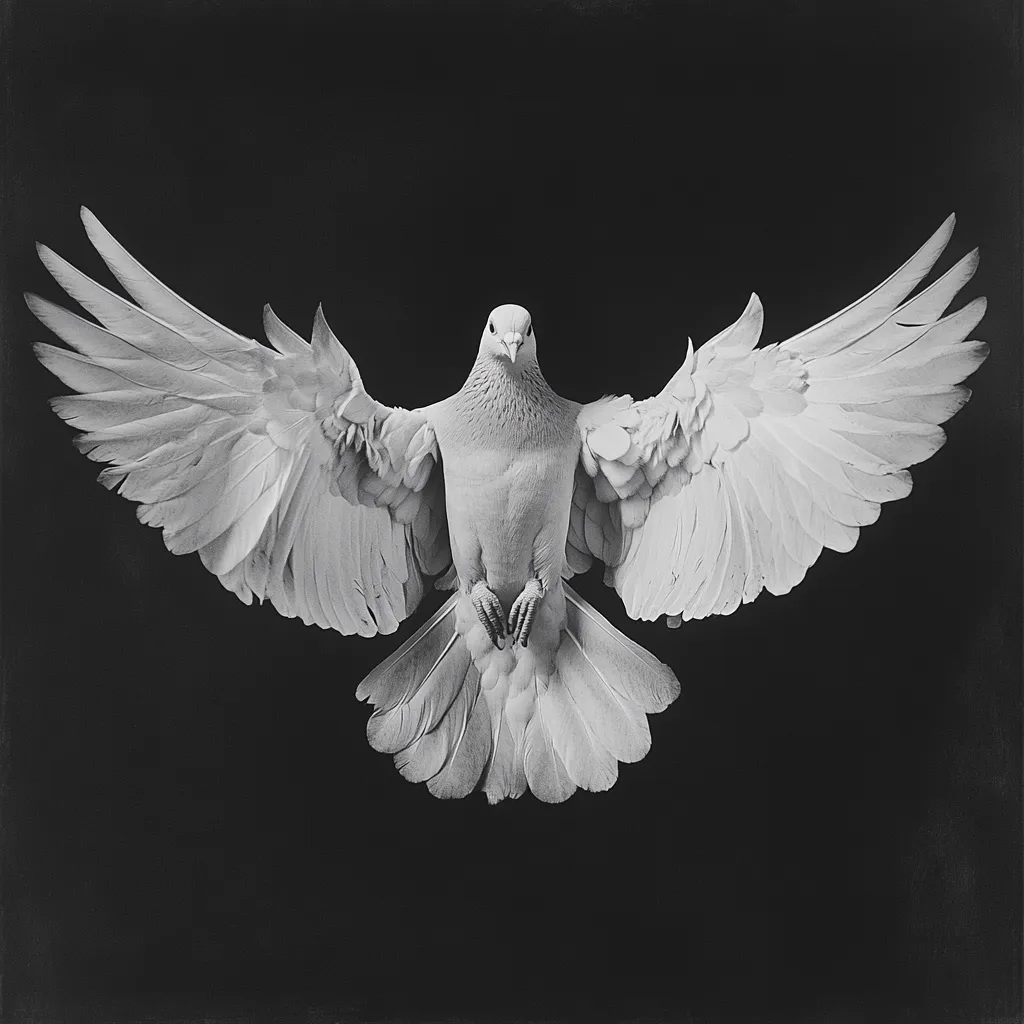 A monochromatic close-up captures a white dove in flight against a dark background.  Its wings are fully extended, showcasing intricate feather details. The dove's body is centered, facing the viewer, creating a powerful and symbolic image. The contrast between the bird's bright plumage and the dark backdrop emphasizes its purity and grace.  The photograph's style suggests a timeless, almost classical feel.