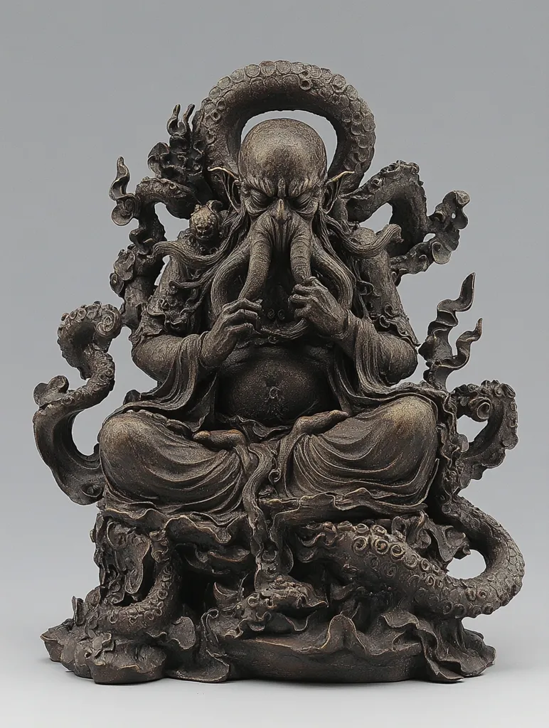 A dark bronze statue depicts a seated figure with a bald head, a stern expression, and tentacles resembling an octopus forming a beard.  Intricate carvings of stylized dragons and aquatic creatures adorn the base and surround the figure, which is draped in flowing robes. The overall style blends Eastern religious iconography with mythical sea creatures, creating a powerful and unsettling image.