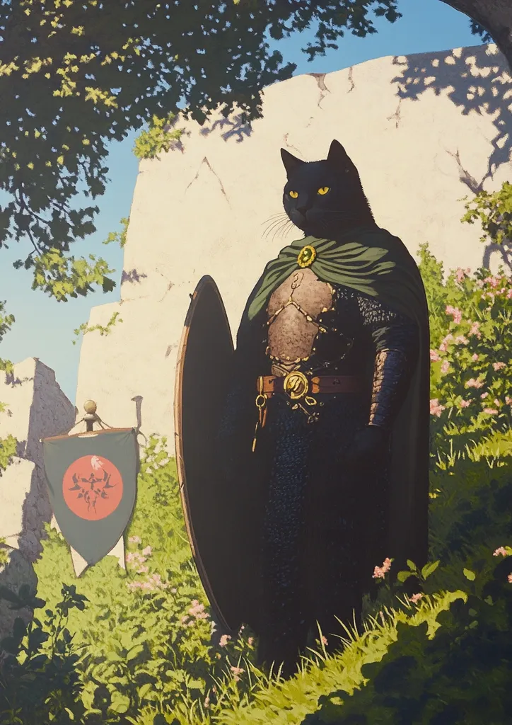 A black cat, clad in dark chainmail armor and a green cloak, stands guard before a stone wall.  A large shield rests at its side, and a heraldic emblem is displayed on a nearby post.  The scene is set in a sun-dappled garden, with lush green vegetation framing the feline warrior. The cat's expression is serious and alert.  The overall style suggests fantasy illustration.