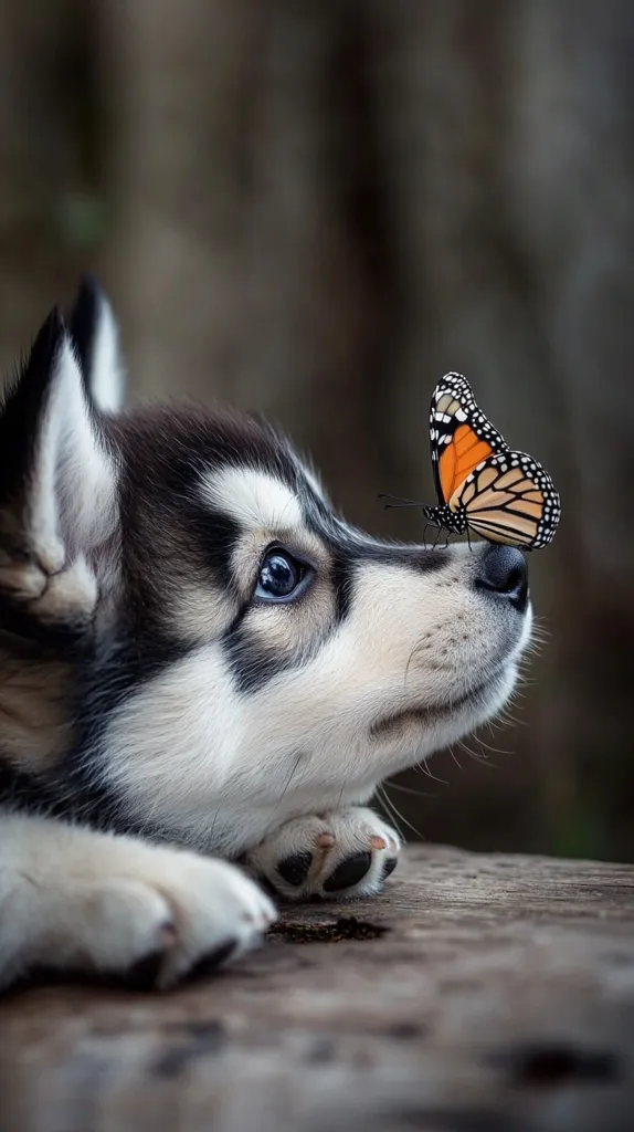 A close-up shot captures an adorable husky puppy gazing upward with gentle eyes.  A monarch butterfly delicately rests on its nose, creating a serene and heartwarming moment. The puppy's soft fur and the butterfly's vibrant colors are sharply in focus against a blurred background. The image evokes feelings of tranquility and the beauty of nature's simple interactions.
