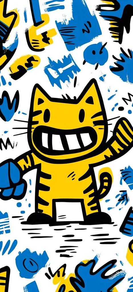 A cheerful, cartoon tiger, predominantly yellow with black stripes, smiles broadly, waving a blue-gloved hand.  The tiger is rendered in a bold, graphic style against a background of energetic, abstract shapes in blue and yellow, creating a vibrant and playful composition. The overall style is reminiscent of graffiti art or children's book illustrations.