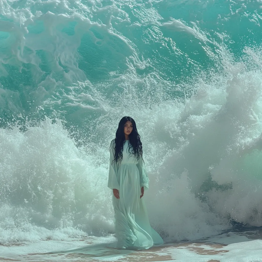 A young woman with long dark hair stands serenely in a flowing, light-green gown before a massive, churning ocean wave.  The teal water explodes in a frothy spectacle behind her, creating a dramatic contrast to her calm demeanor.  The scene evokes a sense of power and vulnerability, nature's might juxtaposed with human grace.