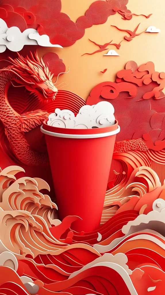 A vibrant illustration features a red paper-cut dragon amidst stylized waves and clouds.  A red beverage cup sits centrally, filled with white froth, suggesting a drink.  The overall style is reminiscent of Chinese art, with bold colors and dynamic, layered shapes.  Birds are depicted in flight above, completing the fantastical scene. The image is highly textured and visually rich.