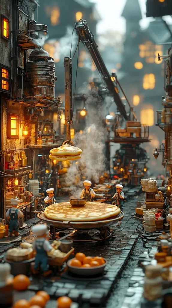 A miniature steampunk city scene depicts a bustling marketplace.  Tiny chefs prepare a giant pancake on a large griddle using a crane to lift ingredients.  The cobblestone street is lined with intricately detailed buildings, emitting warm light.  Oranges and other produce are visible, adding to the atmospheric, whimsical setting. The overall style is fantastical and highly detailed.