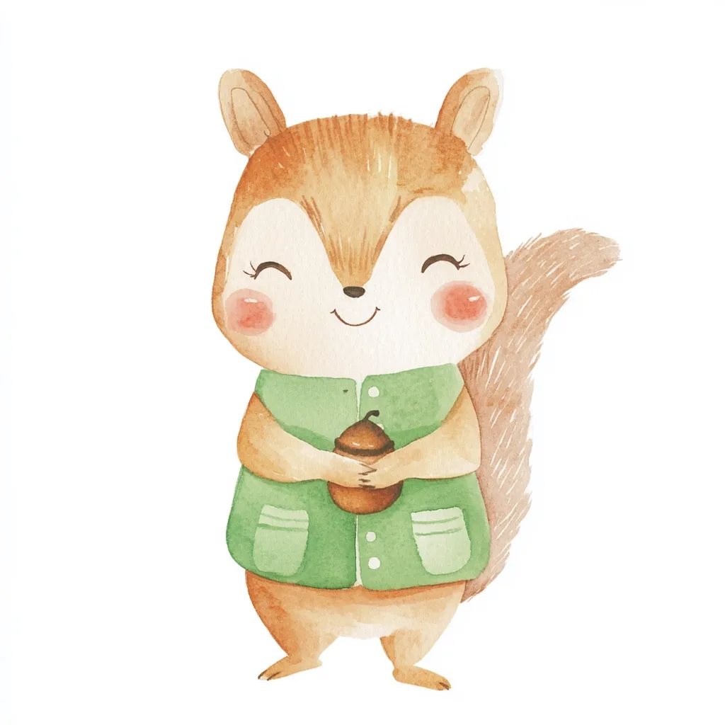A watercolor illustration of a cute, smiling squirrel.  The squirrel is light brown with rosy cheeks, wearing a sage green vest, and carefully holding an acorn. Its bushy tail curls gently behind it. The style is whimsical and charming, perfect for children's books or prints. The image is set against a plain white background.