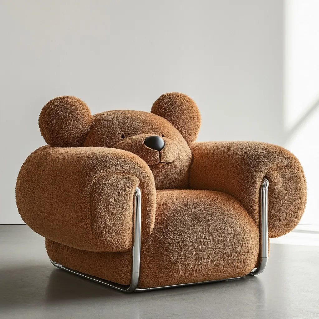 A teddy bear-shaped armchair is shown.  The chair is light brown, plush, and features a minimalist chrome frame.  The bear's face is subtly incorporated into the design, with ears, a nose, and a smiling mouth.  The chair sits on a light grey floor against a minimalist background.  It is a whimsical and comfortable-looking piece of furniture.