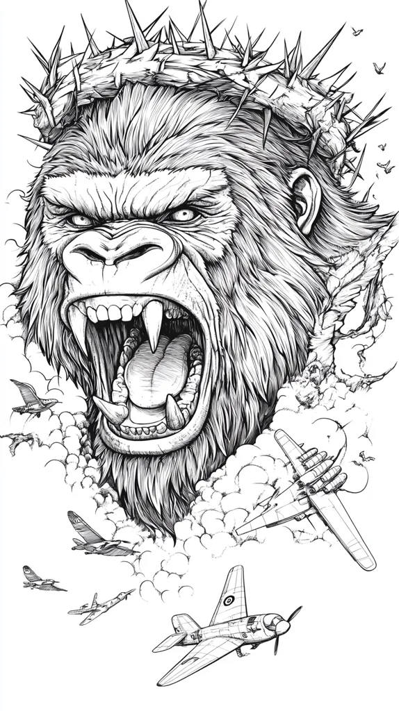 A detailed line drawing depicts a gorilla's roaring head, crowned with thorns, amidst a cloudy sky filled with World War II-era airplanes.  The gorilla's fierce expression and the surrounding aircraft create a powerful and dramatic image, possibly symbolizing war or suffering. The style is reminiscent of graphic novel art, with heavy inking and cross-hatching to create depth and texture.