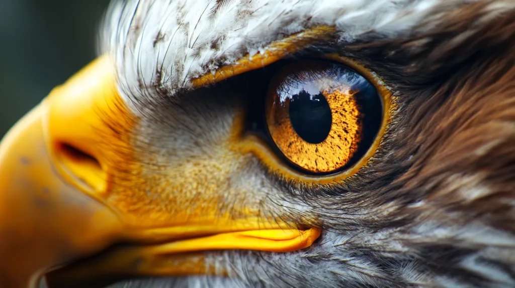 A close-up reveals the intense gaze of a bird of prey, possibly an eagle or hawk.  Its bright, amber eye dominates the frame, reflecting a captivating depth.  The sharp focus highlights the intricate details of its feathers, the texture of its beak, and the fine hairs surrounding its eye. The vibrant yellow of its beak contrasts beautifully with the darker browns and greys of its plumage.  The overall image is striking and conveys a sense of power and alertness.