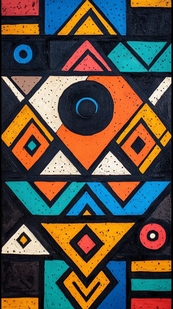 A vibrant abstract artwork features a bold geometric pattern.  Triangles, squares, and circles in bright orange, teal, yellow, and red are layered on a dark background, creating a visually striking composition. The style is reminiscent of Ndebele art, showcasing a rich interplay of shapes and colors.  Small, speckled details add texture to the painted surfaces, enhancing the overall aesthetic.