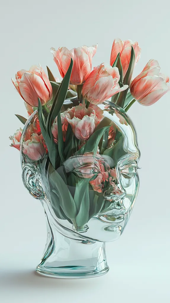 A glass head vase, shaped like a human head and neck, holds a bouquet of pale pink tulips.  The tulips' stems and leaves fill the clear glass, creating a striking contrast between the delicate flowers and the smooth, sculpted form of the vase. The overall aesthetic is minimalist and artistic, blending nature and art in a visually captivating way.
