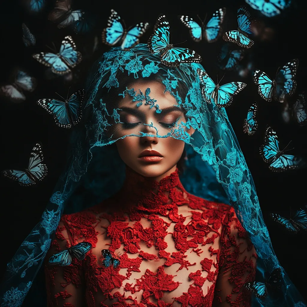 A woman in a red lace dress is veiled by a teal lace shawl.  Her eyes are closed, and numerous blue butterflies flutter around her, creating a dreamlike, ethereal atmosphere. The dark background enhances the vibrant colors of the clothing and butterflies, producing a striking and visually captivating image.  The overall mood is one of mystery and serenity.