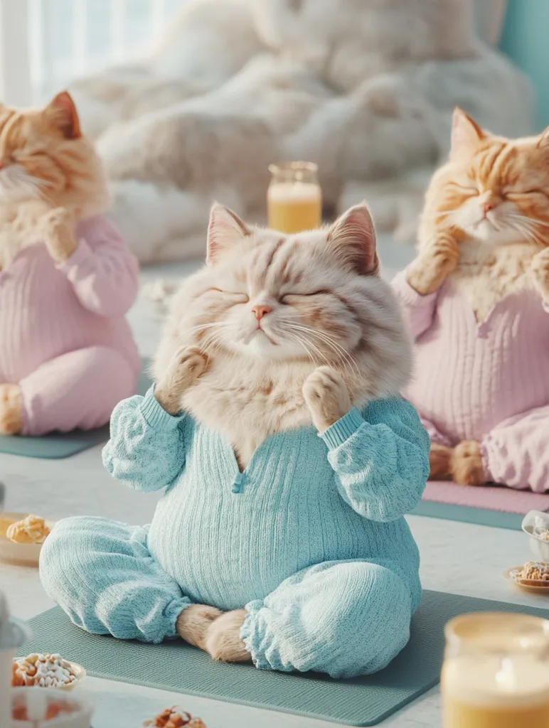 Three adorable cats are shown in a serene yoga pose, each wearing cozy pajamas.  The central cat, a fluffy cream color, sits in a lotus position with its eyes closed, radiating peace.  Flanked by two ginger cats in pastel pink pajamas, the scene evokes a feeling of tranquility and playful charm.  The setting appears to be a sun-drenched bedroom with breakfast items subtly present in the foreground.