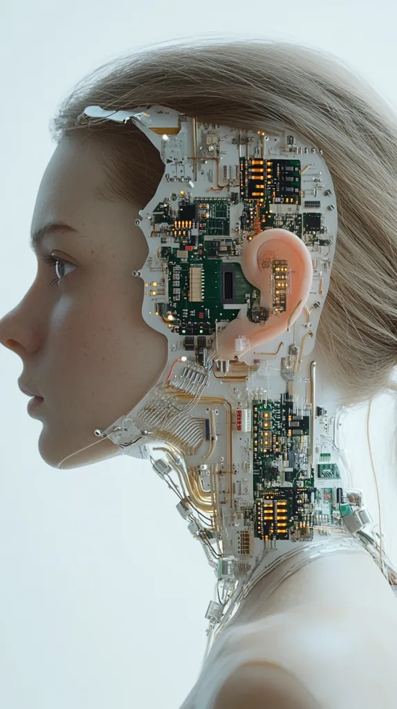 A side profile of a woman's head, seamlessly integrated with exposed circuitry and glowing components.  The intricate wiring and microchips replace parts of her skull and neck, suggesting a cyborg or AI hybrid.  Her pale skin contrasts with the green and gold tones of the technology, creating a striking visual of human and machine merging.  The image evokes themes of transhumanism and technological advancement.