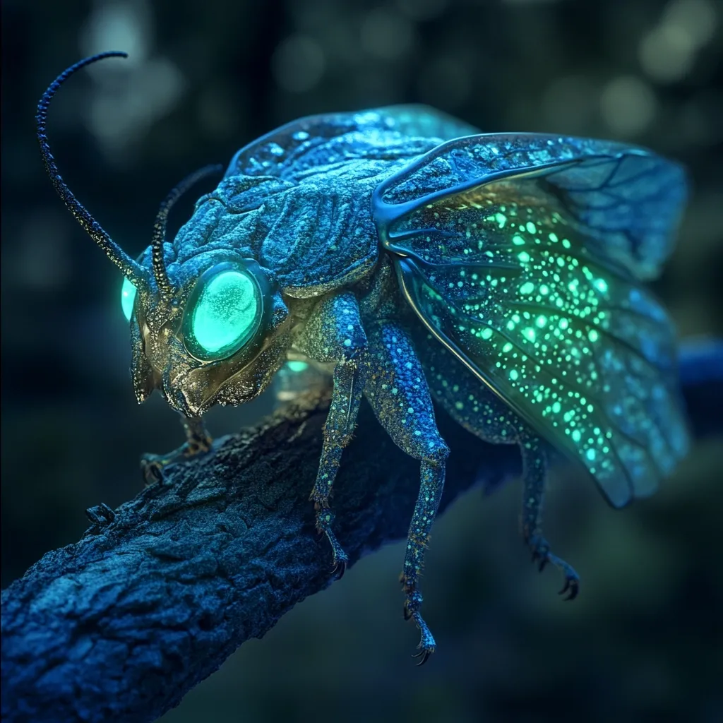 A bioluminescent insect, possibly a cicada, is depicted perched on a dark branch. Its body is a deep teal, speckled with brighter turquoise lights, giving it an otherworldly appearance.  Large, glowing teal eyes add to its mystical quality. The intricate details of its wings and body are sharply defined, enhancing the surrealism of the image. The background is blurred, focusing attention on the creature.