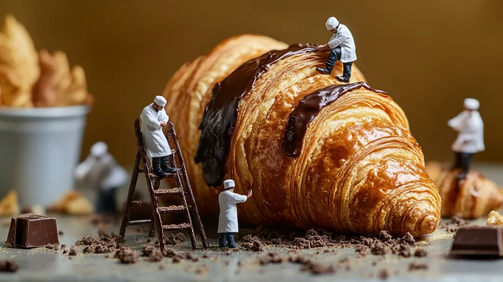 Miniature bakers in white coats work on a giant chocolate-covered croissant.  Some climb the pastry, others use a ladder to add chocolate, surrounded by cocoa powder and smaller pastries.  The scene is a whimsical, detailed tableau of baking artistry.  Pieces of dark chocolate are scattered nearby.
