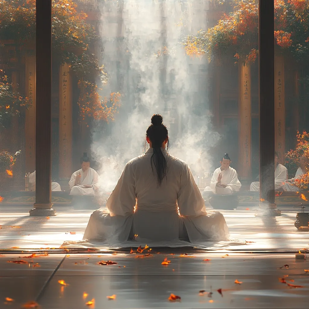 A lone figure, dressed in flowing white robes, sits in a meditative lotus position within a serene, smoke-filled temple.  Other figures, also robed, are seated in the background, creating a tranquil and spiritual atmosphere. Autumn leaves scatter the polished floor, adding to the peaceful ambiance of the scene. The setting suggests a moment of quiet contemplation and spiritual practice.