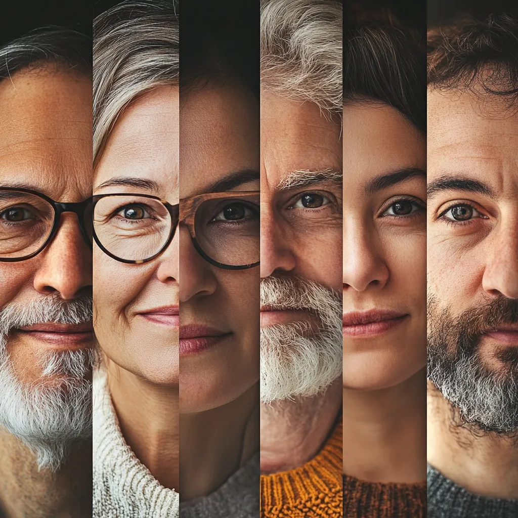 A close-up collage showcases six diverse individuals, their faces partially overlaid.  Each person's gaze is direct, revealing a range of expressions from calm to contemplative.  The image highlights age diversity and varied facial features, emphasizing a sense of shared humanity and individual uniqueness.  The lighting is soft and even, drawing attention to each person's eyes and subtle details.