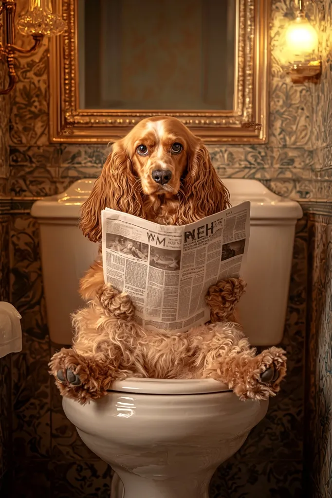 A Cocker Spaniel sits on a toilet in a vintage-style bathroom, engrossed in reading a newspaper.  The dog is fluffy and golden-brown, its paws neatly tucked on the toilet's rim. The bathroom features ornate gold details, patterned tiles, and antique-style lighting. The scene is humorous and unexpectedly sophisticated.