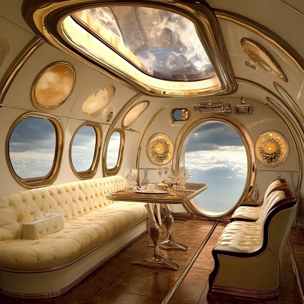 The interior of a luxurious private jet is shown.  Cream-colored leather seating, gold-trimmed accents, and large oval windows offering breathtaking cloud views create a palatial atmosphere. A gold table sits in the center, set for a meal.  The design is opulent and reminiscent of Art Deco style, suggesting an unparalleled level of comfort and exclusivity.
