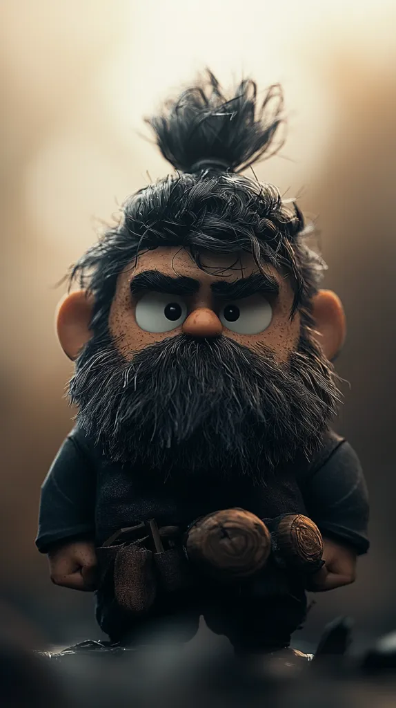 A 3D-rendered cartoon depiction of a stern-looking, bearded man.  His dark hair is tied in a topknot, and he sports a serious expression.  He's dressed in dark clothing and carries what appears to be a tool belt with wooden implements. The style is reminiscent of a fantasy character or a gnome. The image is dark and moody, with a focus on the character's face and expression.