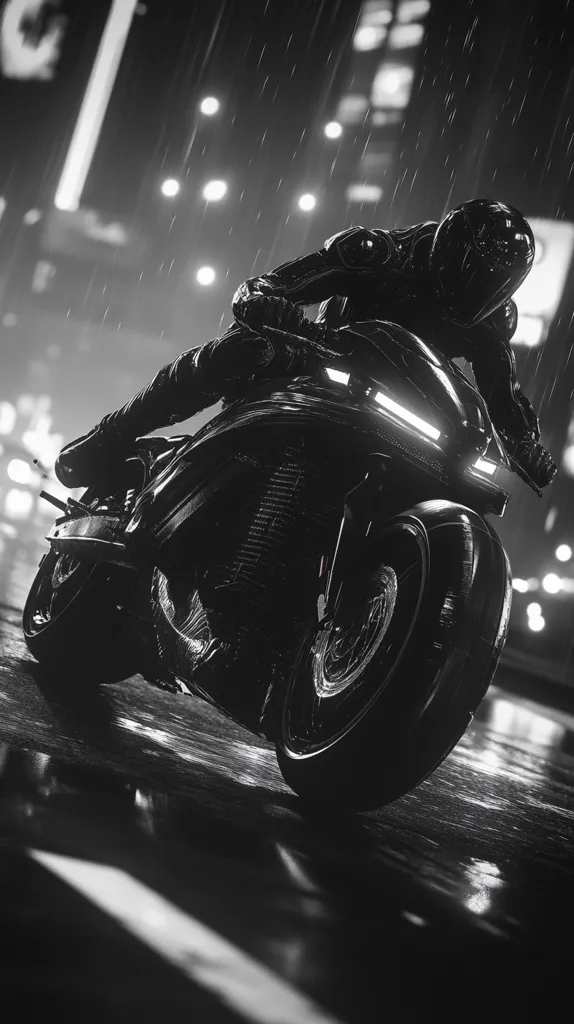 A black and white image depicts a motorcyclist speeding through a rain-soaked city at night.  The rider, clad in dark leathers and helmet, is almost entirely obscured by shadow, leaving only the sleek lines of the futuristic motorcycle and the bright city lights visible through the downpour. The wet pavement reflects the city's glow, creating a dramatic, high-contrast scene.
