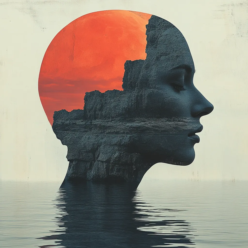 A surreal digital art piece depicts a woman's profile superimposed with a rocky landscape.  Her head is replaced by a cliff face, partially obscured by a large, fiery orange orb reminiscent of a setting sun.  The image is serene and contemplative, with the woman's face in profile, eyes closed, suggesting inner peace or introspection. The reflection in calm water below adds to the dreamlike quality.