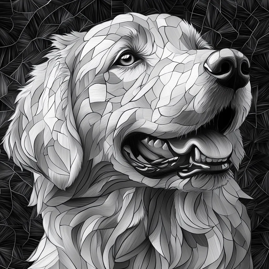 A monochrome stylized portrait of a Golden Retriever. The image uses a mosaic or stained-glass effect, with the dog's fur rendered in shades of gray and white, creating a textured and artistic look. The dog's expression is alert and happy, its mouth slightly open, revealing its tongue. The background is a dark, abstract pattern that contrasts with the light tones of the dog. The overall style is contemporary and artistic, capturing the essence of the breed in a unique way.