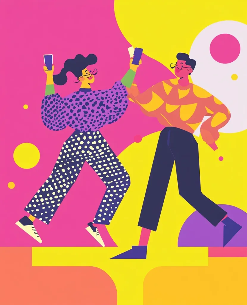 A vibrant illustration depicts a stylish couple, dynamically posed against a backdrop of bold geometric shapes in pink and yellow. The woman, in a purple polka-dotted outfit, holds a phone aloft, mirroring her partner who wears a yellow patterned sweater and dark pants.  Their energetic stance and bright clothing create a joyful, modern feel.  The overall style is playful and graphic.