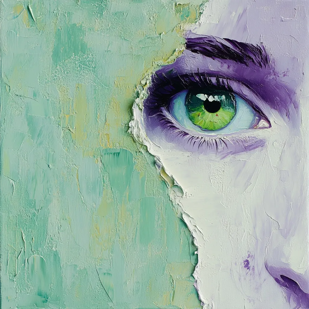 A vibrant oil painting showcases a woman's eye, rendered with thick, impasto brushstrokes.  The eye, a striking lime green, is framed by purple eyelids and dark lashes.  The face is partially revealed, appearing to be peeling away from a textured, mint-green background.  The contrast between the smooth skin and the rough background adds depth and intrigue to the artwork. The style is expressive and dramatic.