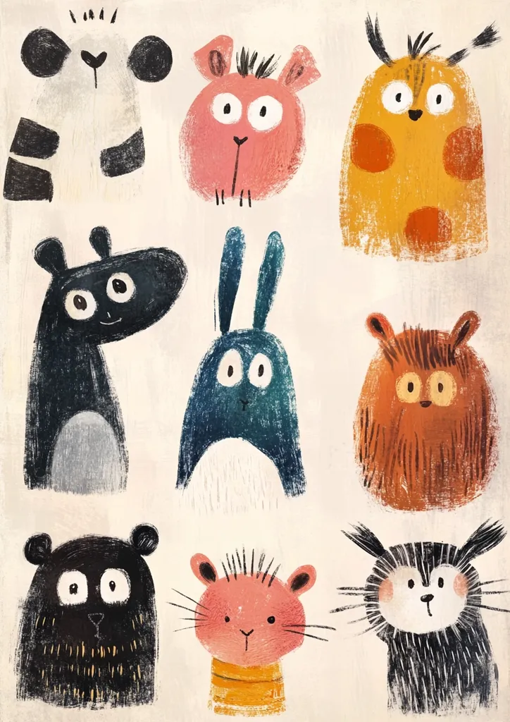 A collection of charming, textured animal illustrations.  Each creature boasts a unique personality, rendered in a childlike style with slightly messy brushstrokes.  The animals include a panda, a pig, a fuzzy creature, a dog-like animal, a rabbit, a lion, a bear, a hamster, and a cat.  The off-white background enhances the vibrancy of the colorful animals.