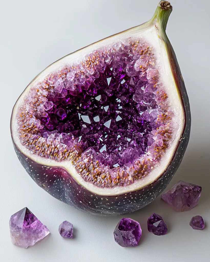 A halved fig is meticulously filled with vibrant amethyst crystals, creating a striking contrast between the organic fruit and the sparkling gemstones.  Smaller amethyst clusters are scattered around the fig, enhancing the overall visual impact.  The image presents a unique and artistic blend of nature and precious stones.