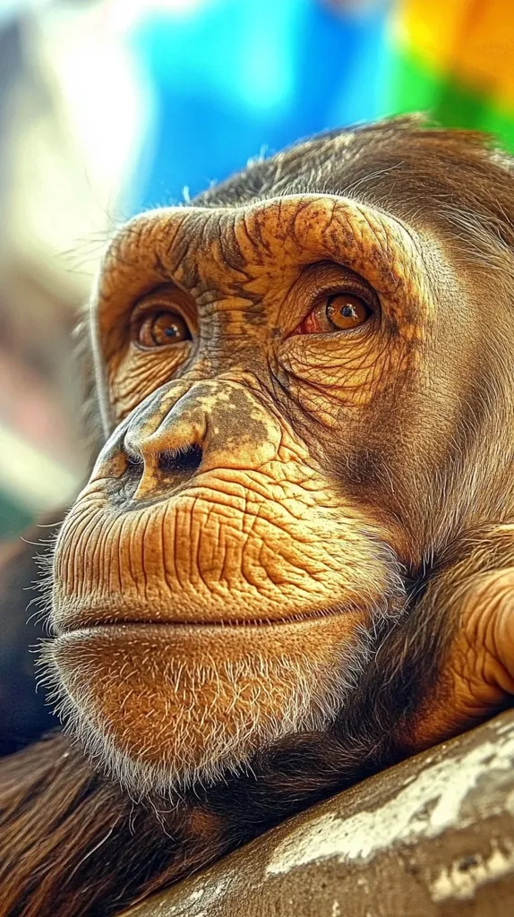 Close-up of an old chimpanzee's face.  The chimpanzee's wrinkled skin, expressive eyes, and slightly parted lips convey a sense of age and wisdom.  The image is sharply focused, highlighting the texture of its fur and the details of its facial features. The background is blurred, drawing attention to the primate's face.