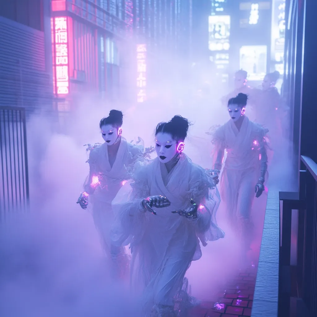 Three figures in white, futuristic kimonos, adorned with glowing pink accents, move through a neon-lit, fog-filled alleyway.  Their faces are masked, creating an ethereal and slightly unsettling atmosphere. The scene evokes a cyberpunk aesthetic, blending traditional Japanese attire with advanced technology in a mysterious urban setting.  The fog obscures the background, focusing attention on the enigmatic figures.