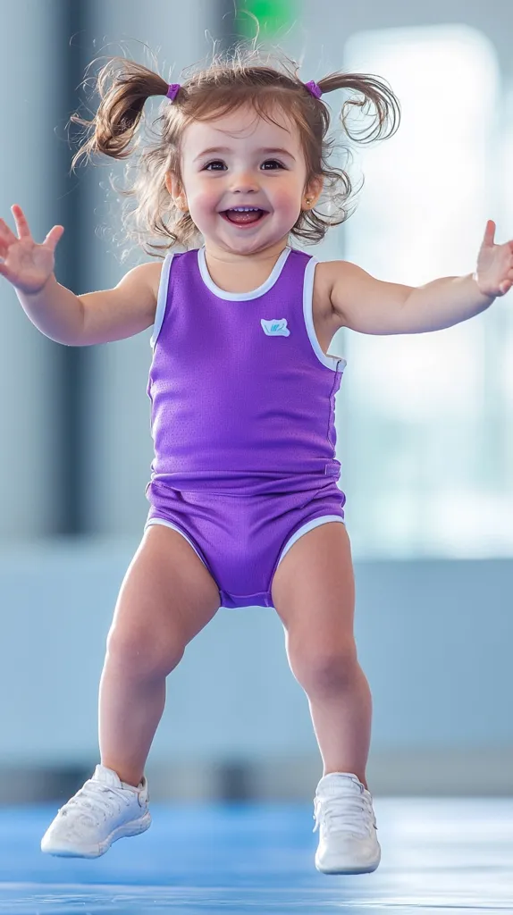 A joyful toddler girl, with pigtails, leaps mid-air.  She wears a vibrant purple gymnastics leotard and white sneakers. Her bright smile and outstretched arms express pure exhilaration. The background is blurred, focusing attention on the child's energetic jump. The image captures a moment of childlike glee and athletic potential.