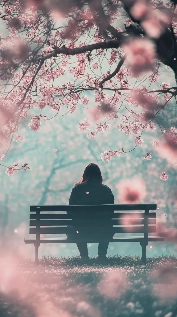 A person sits alone on a park bench, their back to the camera.  Pink cherry blossoms fall gently around them, creating a serene yet melancholic atmosphere. The image is softly focused, emphasizing the feeling of solitude and the beauty of the blossoming tree overhead. The overall tone is peaceful and contemplative.