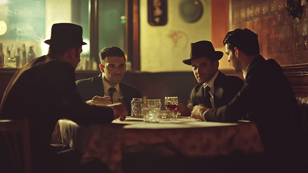 Four men in 1920s-style suits and fedoras are seated around a table in a dimly lit bar.  They appear to be engaged in a serious conversation, with glasses of alcohol present. The atmosphere is clandestine and suggestive of a clandestine meeting. The scene is evocative of a gangster film.